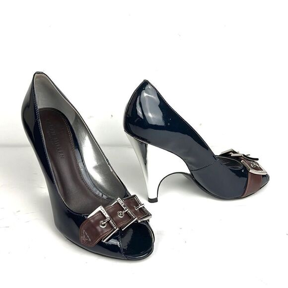 Karen Millen Dark Blue Patent  Mirror Silver Open Toe Heels / Wedge US 6 - Picture 3 of 16